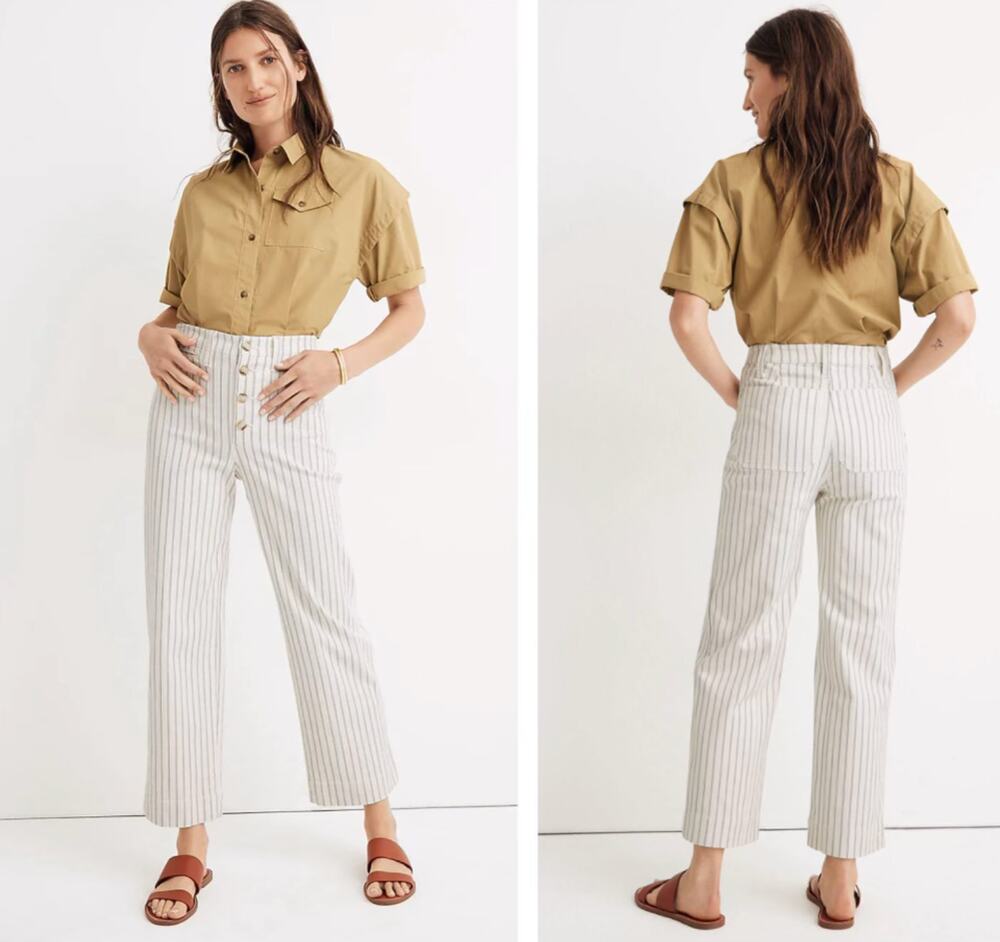 Madewell Slim Emmett Wide-Leg Crop Pants Jeans Indigo Stripe 33 Button-Fronts